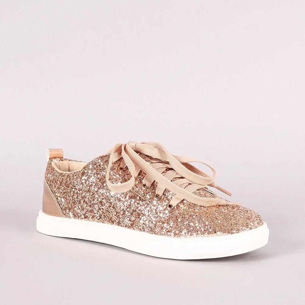 Rose Gold Glitter Lace Up Sneaker - Picture 4 of 14
